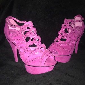 Bcbg fushia strappy cutout studded sandal heels